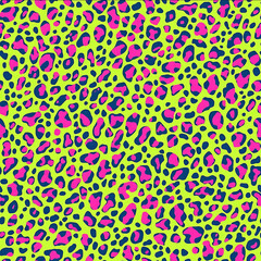 A seamless design of a leopard print in neon colors The background is a bright neon green and the spots are a fluorescent pink This high energy print is perfect for making a stateme