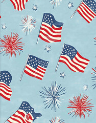 A seamless pattern of American flags and fireworks on a light blue background