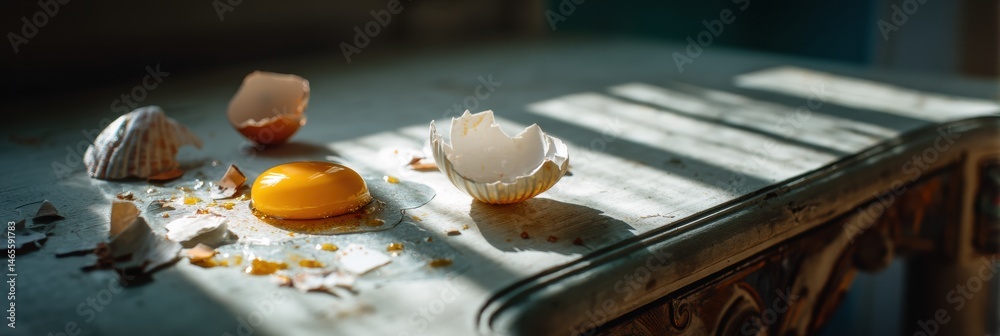 Aufkleber Sunbeam Lighting up a Vintage Table With a Broken Shell and Vibrant Yolk in the Afternoon Glow Generative AI