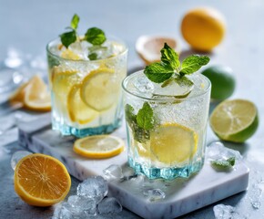 Glass with iced drink with lemon and mint on marble board on light background