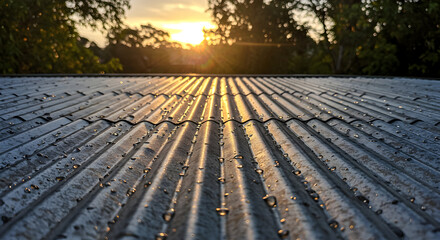 Obraz premium Metallic Roof Shines After Rain at Sunset with Trees in Background