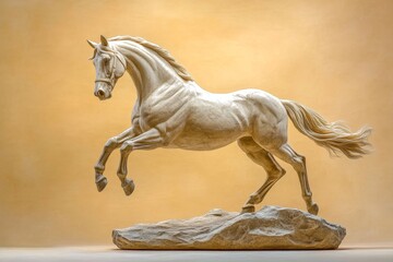 Elegant, leaping horse sculpture against a muted background.