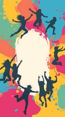 Group Of Young People Jumping Silhouettes On Colorful Abstract Background Photo