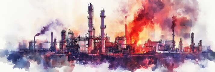 Obraz premium Industrial Watercolor Landscape: Pollution and Progress - A watercolor painting depicting an industrial complex, symbolizing industry, pollution, progress, environmental impact, and energy production