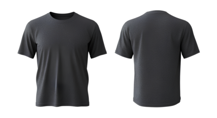 2 plain dark grey t-shirts, front and back view, transparent background, png file, 300 dpi resolution