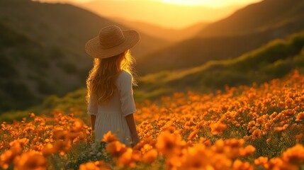 Fototapeta premium Golden hour tranquility in a poppy field. A young girl in a straw hat and white dress gazes at the setting sun amongst vibrant orange wildflowers