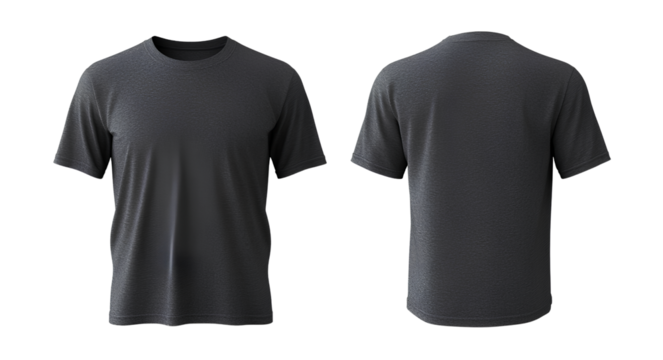2 plain dark grey t-shirts, front and back view, transparent background, png file, 300 dpi resolution
