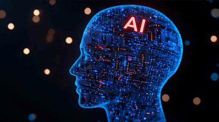 A human head silhouette filled with digital circuit patterns glowing in blue and red hues representing artificial intelligence with the word AI prominently displayed on top of it Th