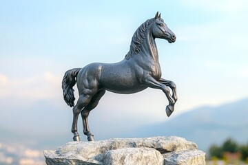 Fototapeta premium Dark metallic horse sculpture positioned atop rocks against a light blue sky.