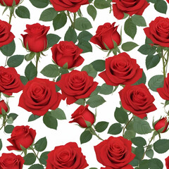Seamless pattern featuring vibrant red roses blooming across pristine white background, revealing elegant floral design