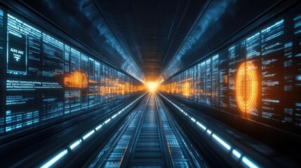 Futuristic tunnel with glowing data displays