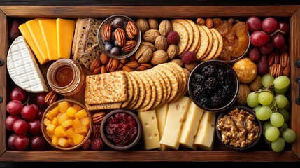 Gourmet Cheese Board: A tempting assortment of gourmet cheeses, crackers, fruits, and nuts artfully arranged on a wooden tray. The diverse selection offers a visual feast of flavors and textures.