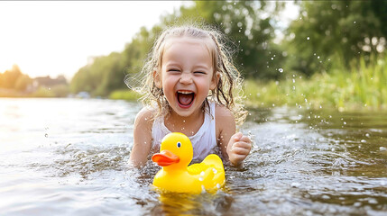 Laughing child sitting in the sea holding a rubber duck warm and inviting summer mood
