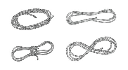 Set of gray twisted rope elements. coils, loops, figure-eight patterns and nautical knots © Quede Stock