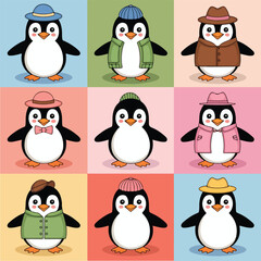 Cartoon Penguin Characters in Winter Outfits – Cute Vector stickers Set