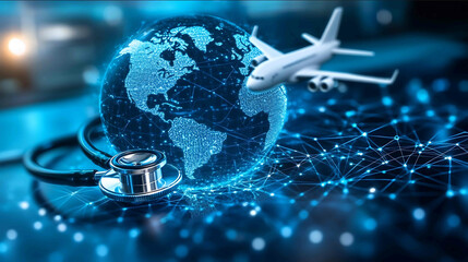 a medical tourism agency include stethoscope sign with 3d globe with digital blue connecting lines and white commercial airplane flying through the globe light blue colour grading.j