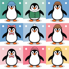 Cartoon Penguin Characters in Winter Outfits – Cute Vector stickers Set