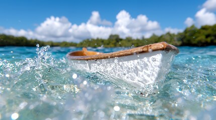 Fototapeta premium Small Boat Floating in Clear Water with Splashing Waves Under Blue Sky