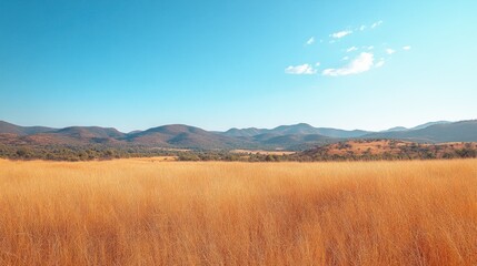 Obraz premium Golden savanna stretches to distant mountains under a clear sky. Lush golden grass fills the foreground, leading to a backdrop of rolling hills and mountains