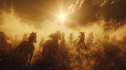 Fototapeta premium Herd Of Horses Galloping Through Dust Under A Golden Sky Photo