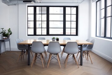 Modern Office Meeting Room Interior - Bright, minimalist meeting room with large windows, light wood table, and gray chairs. Perfect for business or corporate settings