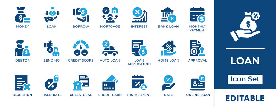 Loan Icon Set. Features editable icons of mortgage, credit score, lending, interest rate, borrowing, EMI, and finance. Ideal for banking and fintech designs
