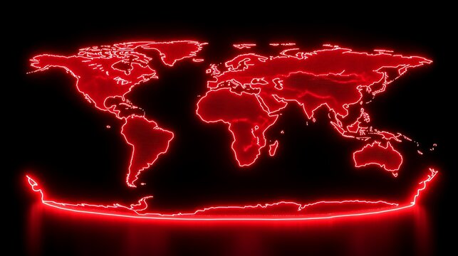 Vivid red neon world map outline against a black background.