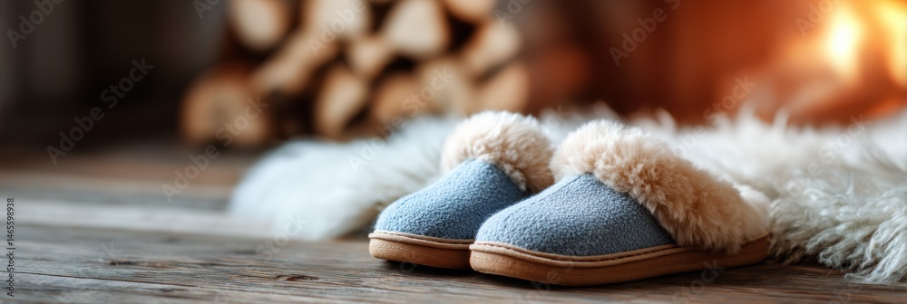 Poster Cozy Warm Slippers Resting on Soft Wool Rug Near a Crackling Fireplace With Logs Stacked in the Background Generative AI
