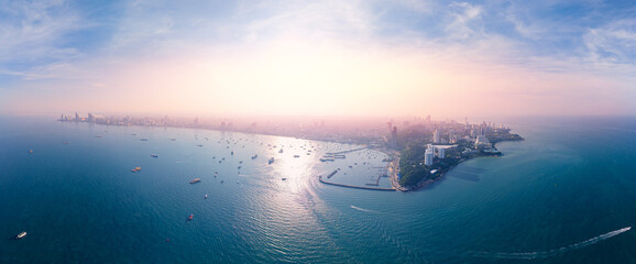 Naklejka na ściany i meble Panorama city Pattaya, sunrise on beach promenade Walking street. Aerial view landscape Thailand