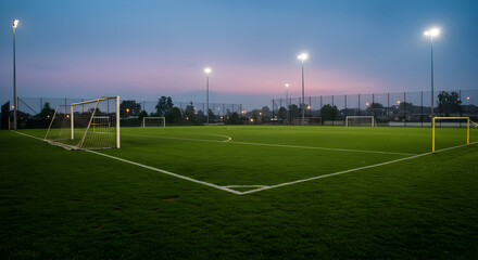 Illuminated Soccer Field At Dusk For Training And Competitive Matches