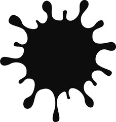 Large ink explosion radiating in all directions with high contrast splashes and central impact.