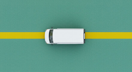 Aerial view of white van on yellow road