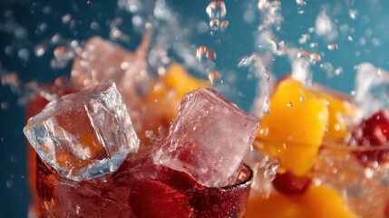 Refreshing beverage with ice cubes, fruit pieces, and splashing water against a vibrant background.