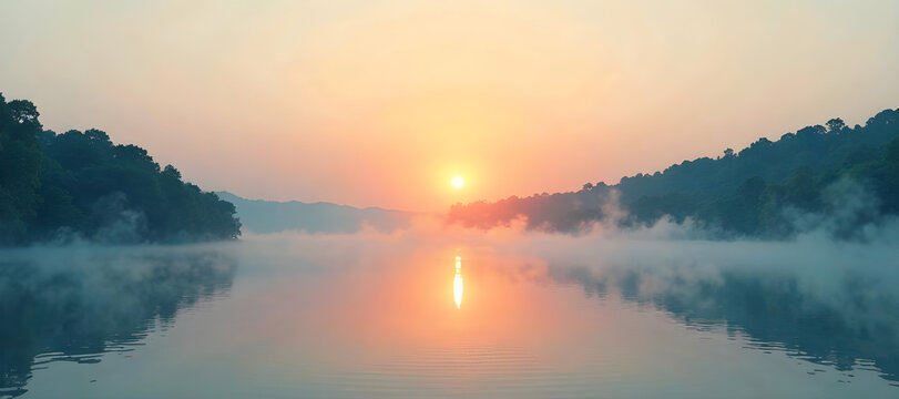 on a serene and minimalist sunrise background overlooking a serene landscape with gentle morning mist, a few strategically placed negative space clouds will aid visual balance. The background will als
