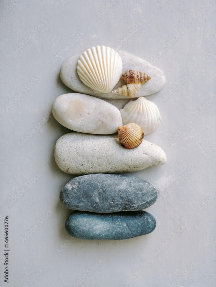 Poster Creative Arrangement of Beach Pebbles and Shells Showcases Natures Simplicity and Beauty Generative AI