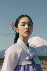 Korean woman in hanbok with Mount Fuji in the background (Generative AI)