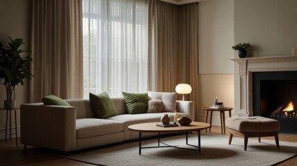 Fototapeta premium Cozy living room with fireplace and large window