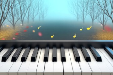 Piano Keys and Autumn Woods - Piano keyboard in front of a serene autumnal landscape with falling leaves and musical notes. Peaceful and evocative