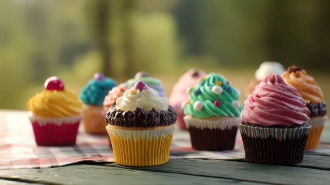 Colorful cupcakes with creamy frosting and decorations sit on a checkered table outdoors, creating a festive and sweet atmosphere.
