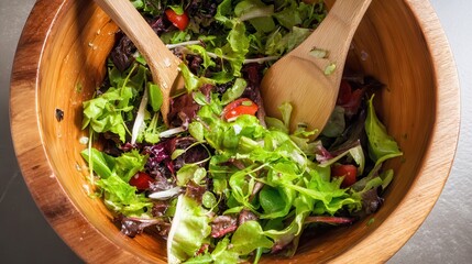 Fresh mixed green salad with cherry tomatoes in a wooden bowl, tossed with wooden salad servers.