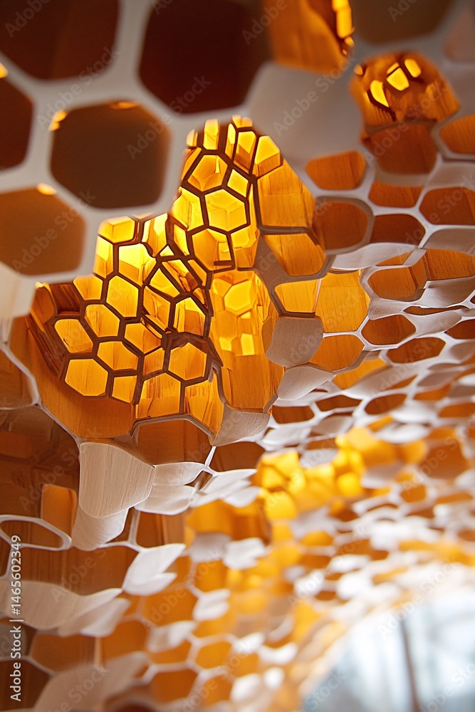 Aufkleber abstract wooden honeycomb structure glowing with warm light