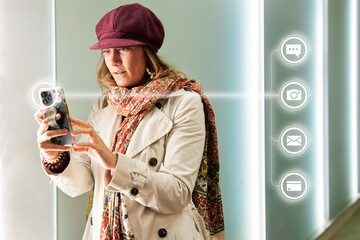 Woman using smartphone apps to socialize and pay at city nightlife with technology icons