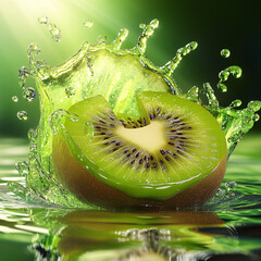 Fresh green kiwi fruit slices make a juicy splash in clear water, a healthy and refreshing closeup