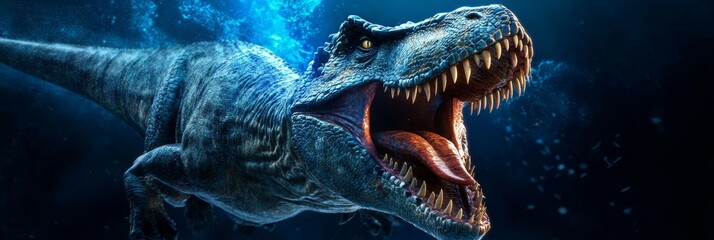 Naklejka premium Prehistoric Apex Predator Dino - A fearsome Tyrannosaurus Rex, jaws agape, dominates a dark blue underwater scene. Symbolizing power, ancient history, prehistoric life, wild nature, and survival