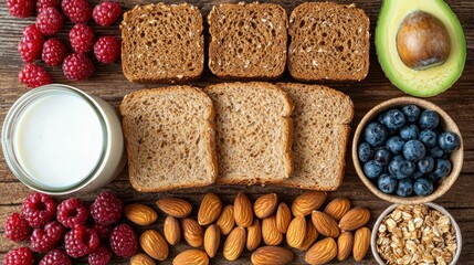 Assorted healthy foods arranged on a rustic wooden surface