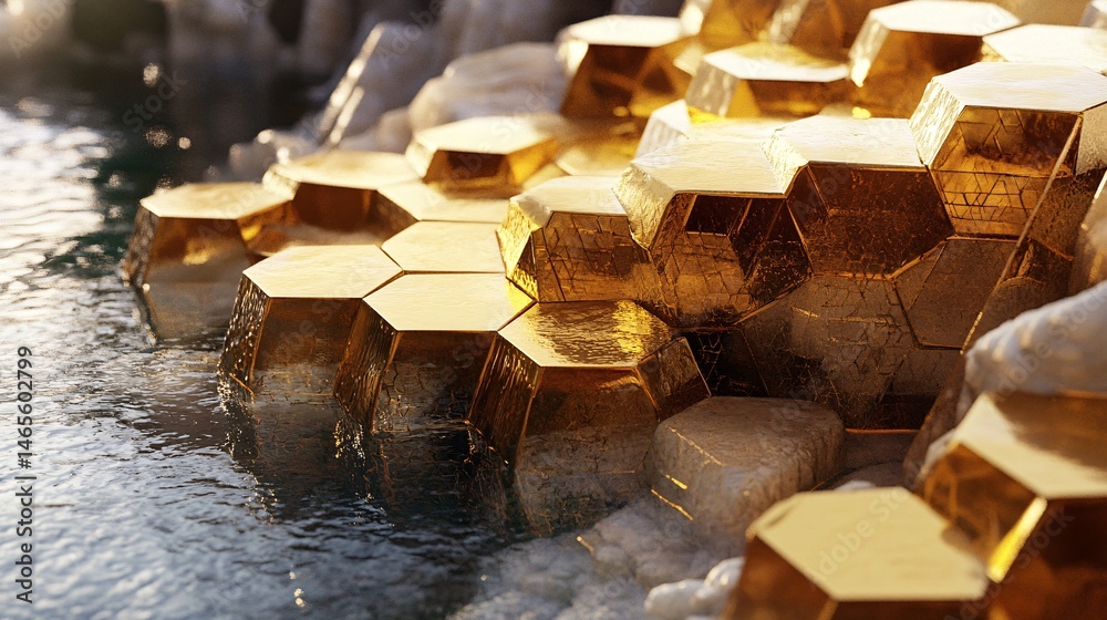 Aufkleber Golden hexagonal shapes forming an abstract waterfall structure