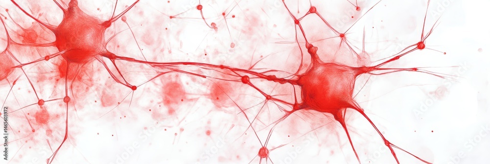 Poster red neuron network microscopic view - microscopic showing a network of red neurons connected by syna