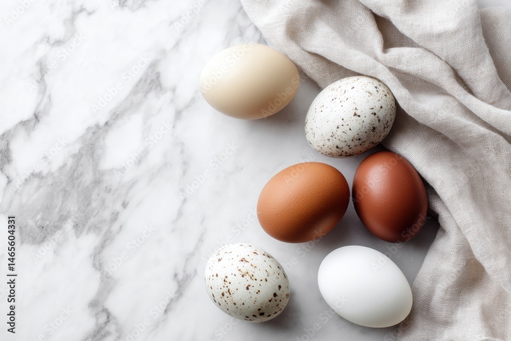 Poster modern food styling of six beautifully arranged eggs on a marble surface with soft fabric accents ge