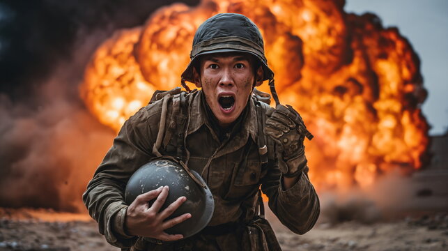 Close-up portrait of a man soldier shouting in pain and fear holding a helmet in dramatic explosion fire smoke on a muddy desert background