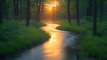 Obraz premium Golden sunlight streams through a tranquil forest stream. Lush greenery surrounds the waterway, bathed in warm morning light